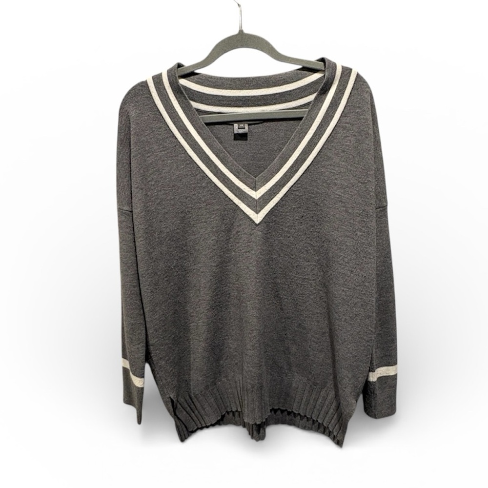 French Connection Gray V-Neck Sweater with White Stripes